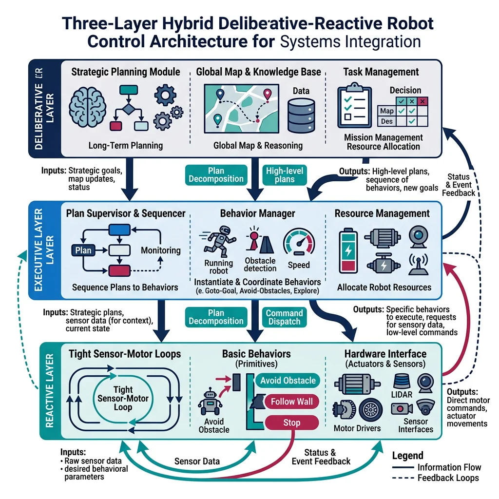 Diagram showing the three-layer hybrid deliberative-reactive architecture for robot systems integration