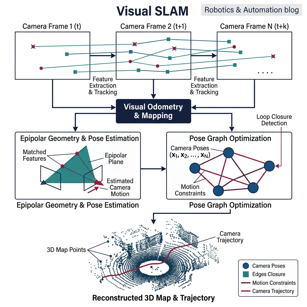 Visual SLAM system diagram showing camera frames, feature tracking, pose graph optimization, and reconstructed 3D point cloud map