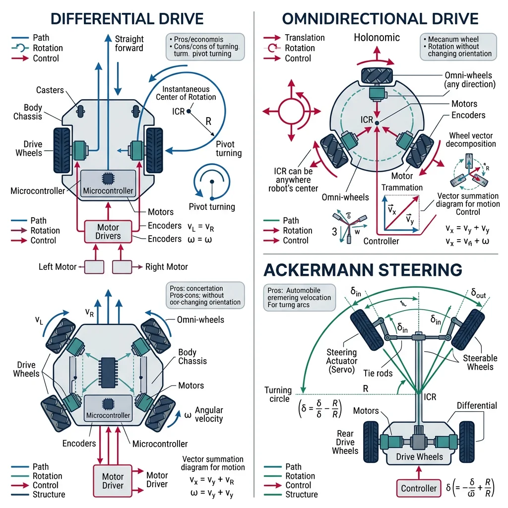 Comparison of wheeled robot drive configurations: differential drive, omnidirectional, and Ackermann steering