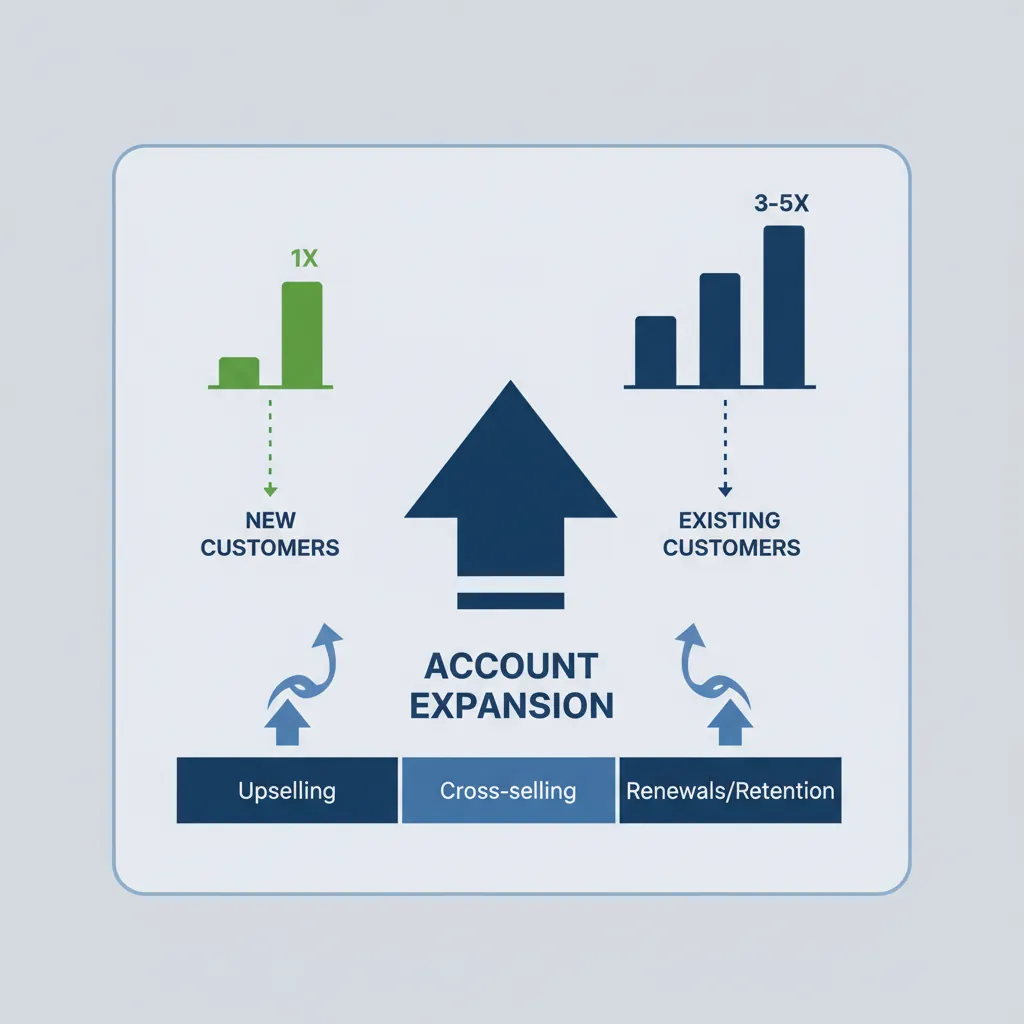 Account expansion strategies showing cross-sell, upsell, and new use case paths