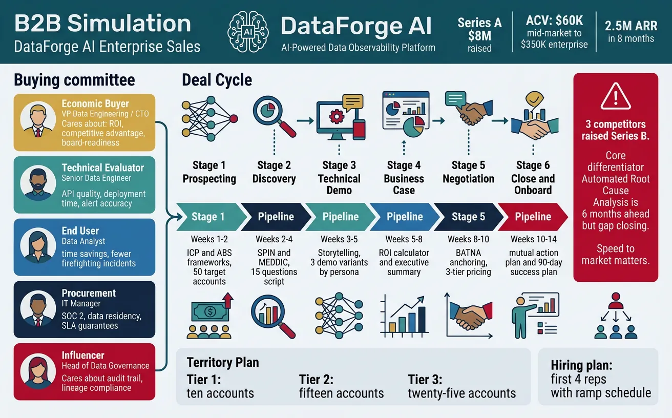 B2B simulation scenario for DataForge AI enterprise sales team buildout