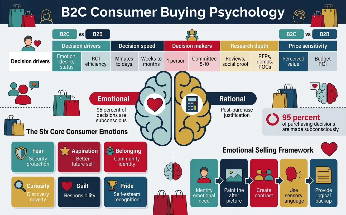 B2C consumer buying psychology model showing emotional vs rational decision-making