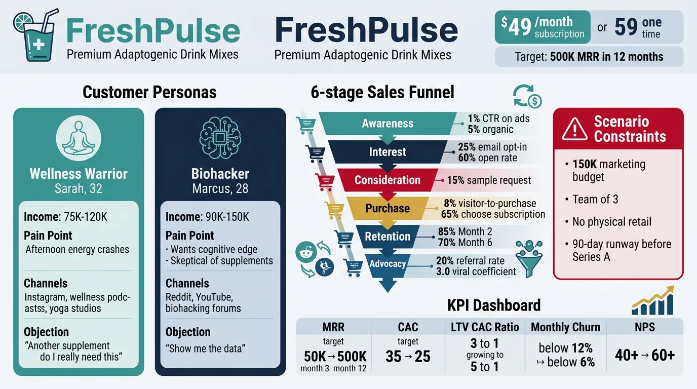 B2C simulation scenario for FreshPulse DTC subscription brand launch