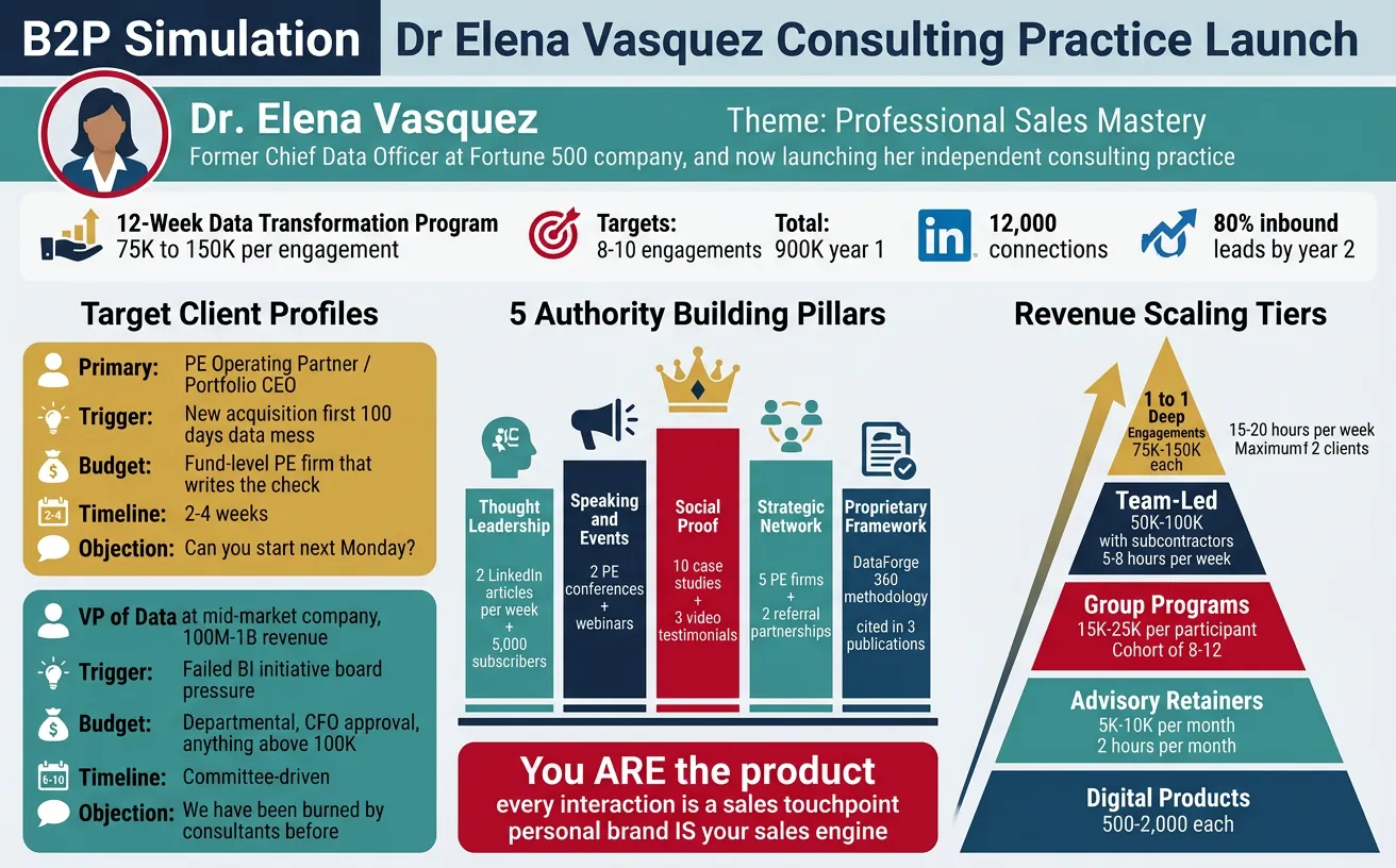 B2P simulation scenario for Dr. Elena Vasquez consulting practice launch