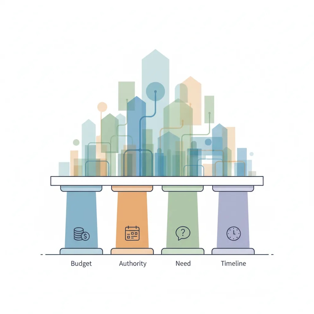 BANT qualification framework showing Budget, Authority, Need, and Timeline pillars