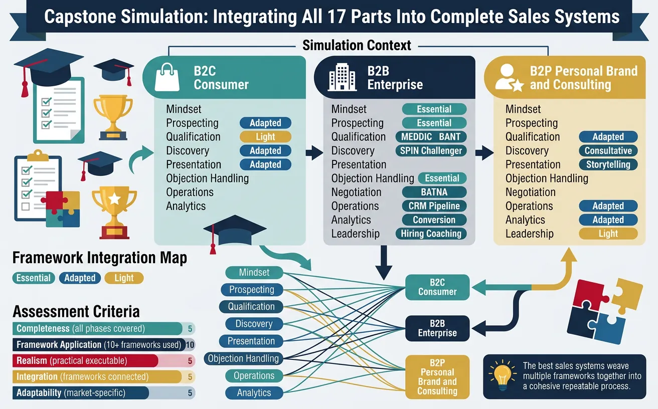 Sales capstone simulation overview showing B2C, B2B, and B2P integration challenge