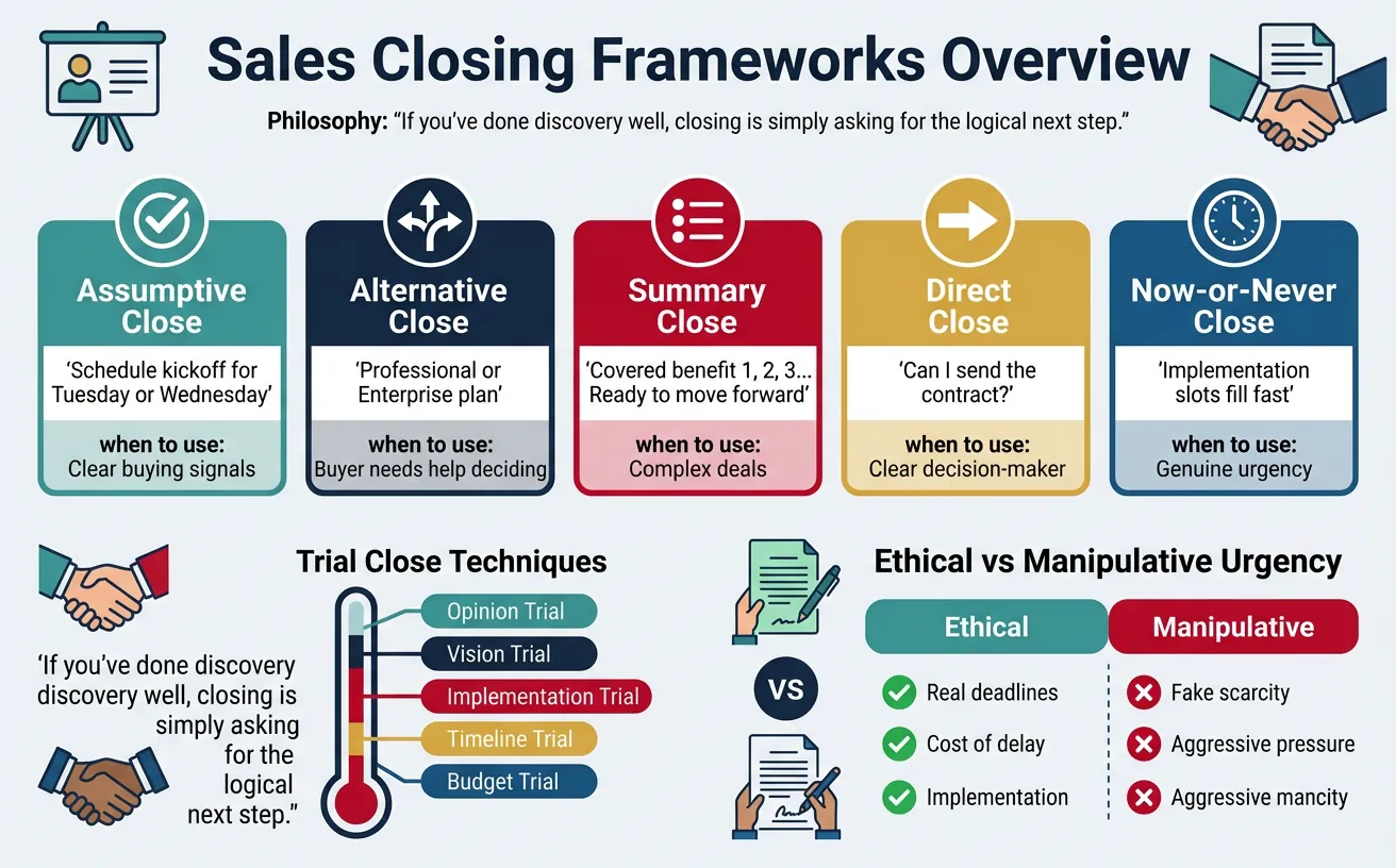 Sales closing frameworks overview showing assumptive, alternative, summary, direct, and urgency-based closes
