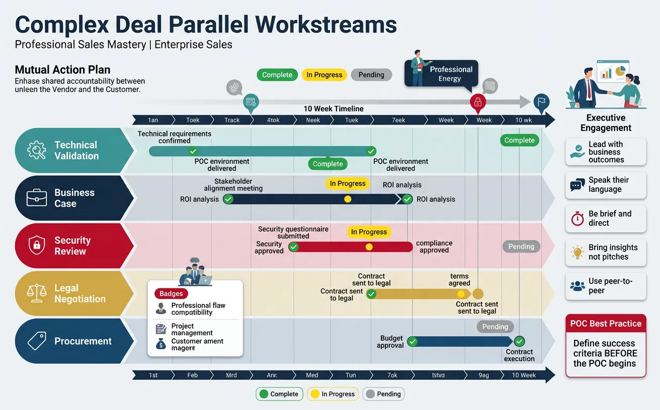 Parallel workstreams in complex enterprise deal management including technical, legal, and procurement tracks