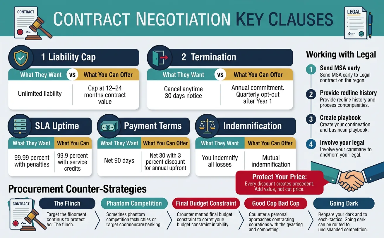 Contract negotiation process showing key clauses including liability, termination, SLA, and payment terms
