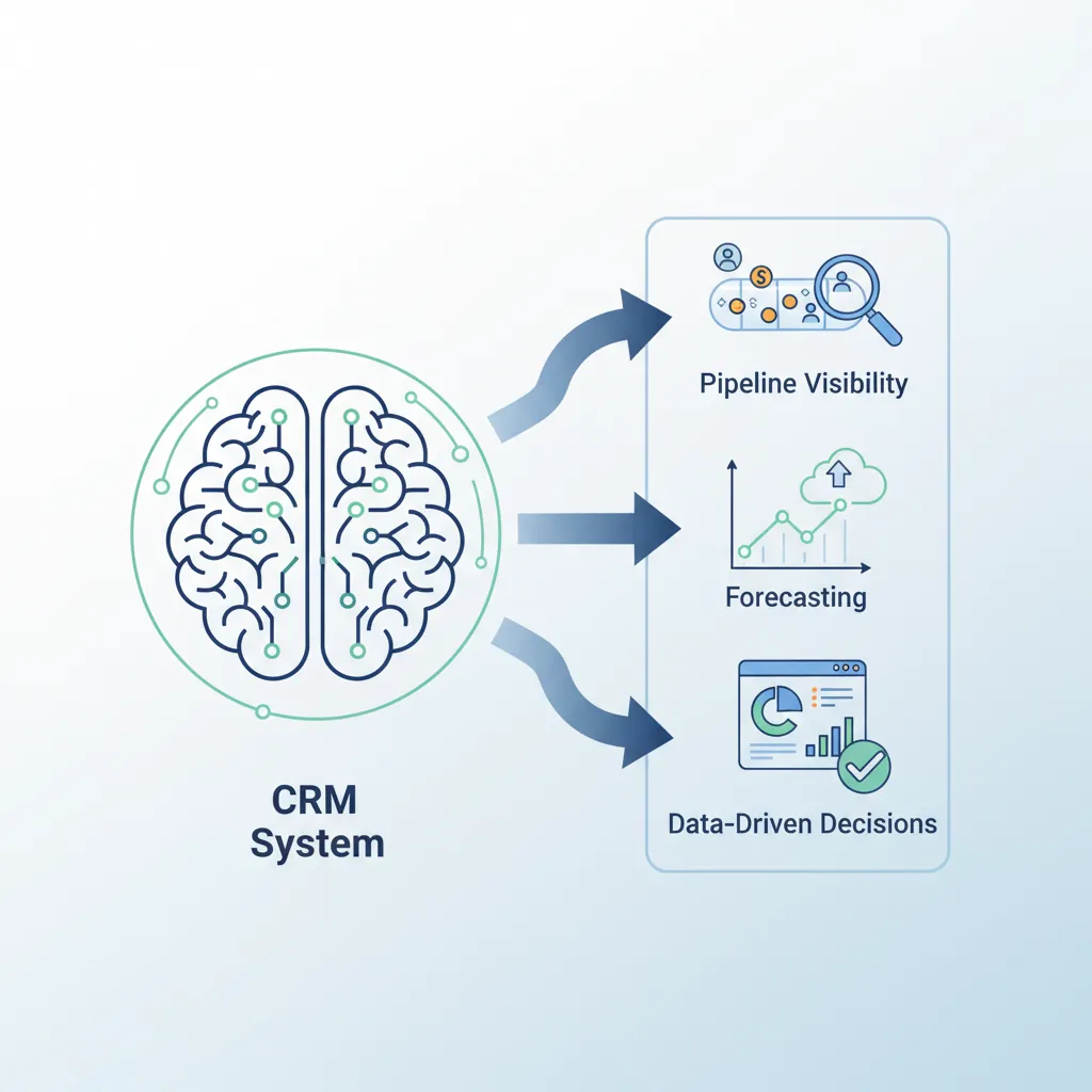 CRM system architecture diagram showing contact management, pipeline visibility, automation, and reporting capabilities