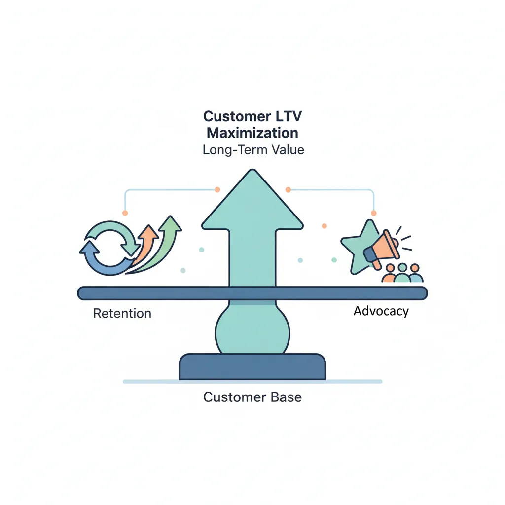 Customer lifetime value maximization model balancing retention, expansion, and advocacy