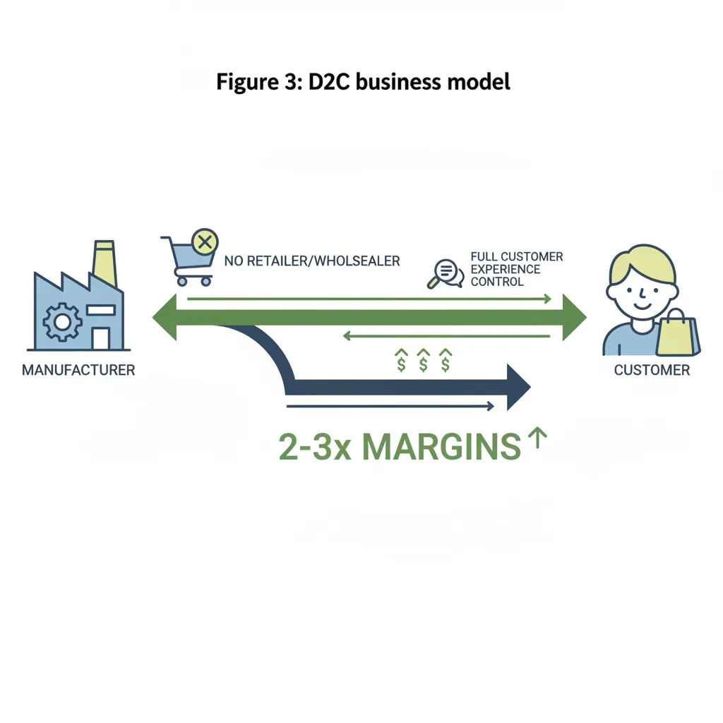 D2C business model showing direct channel flow from brand to consumer