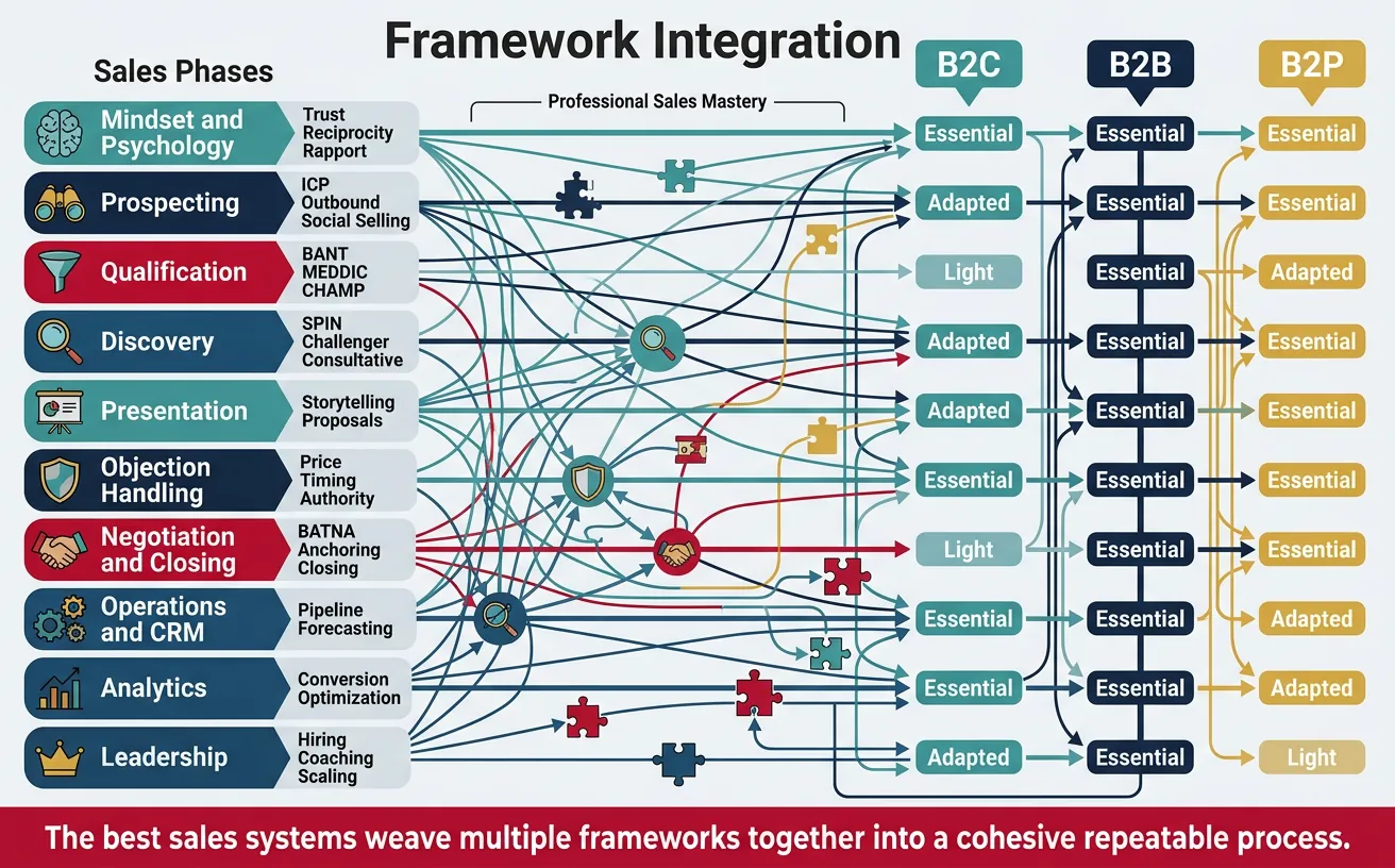 Framework integration map showing how 17 sales frameworks connect across simulation phases