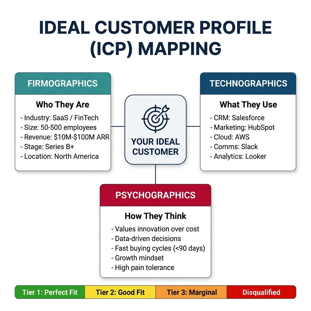 Ideal customer profile mapping with firmographic and technographic criteria