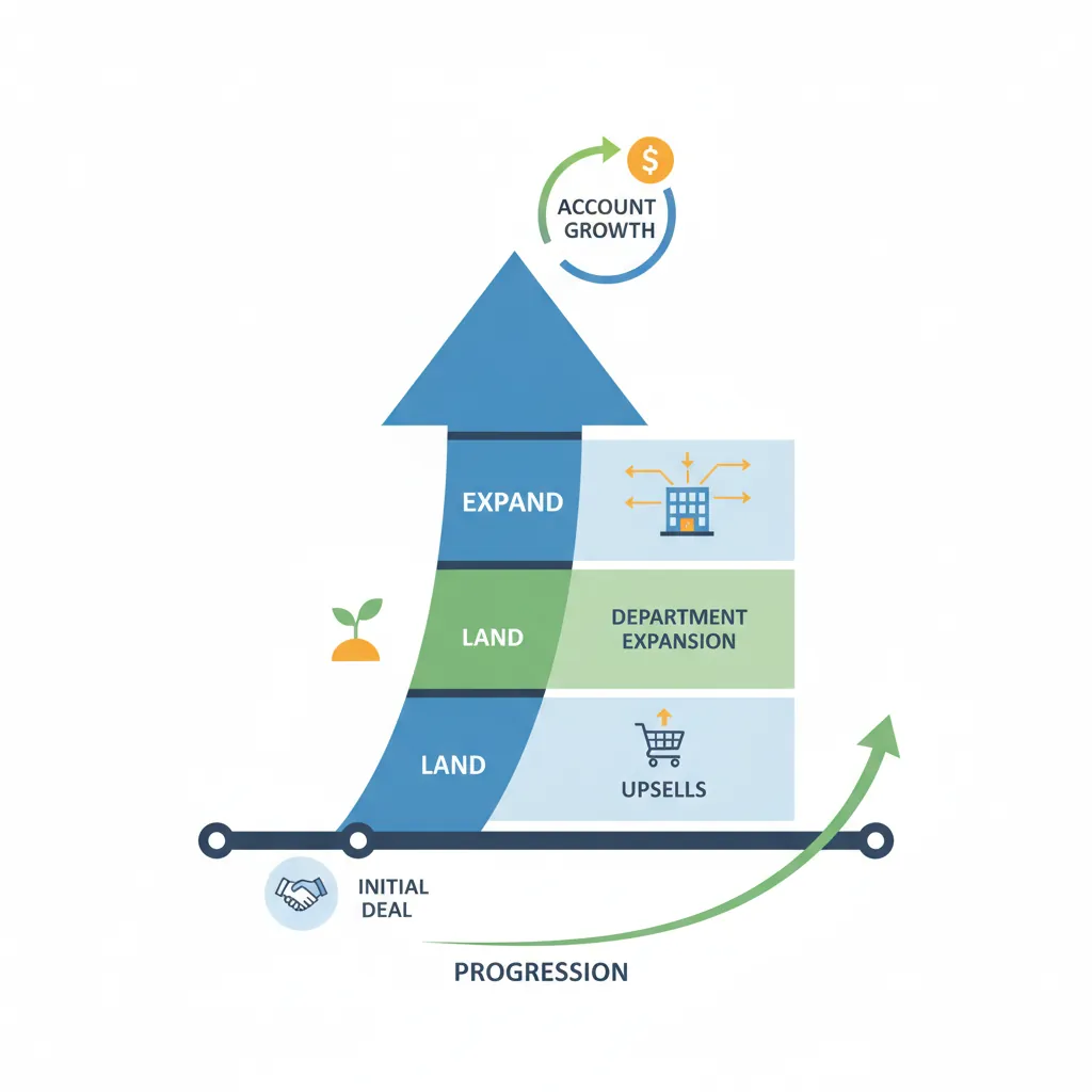 Land and expand strategy diagram showing progression from initial deal to full account growth