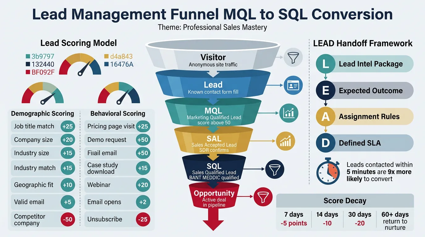 Lead management funnel showing MQL to SQL conversion and lead scoring
