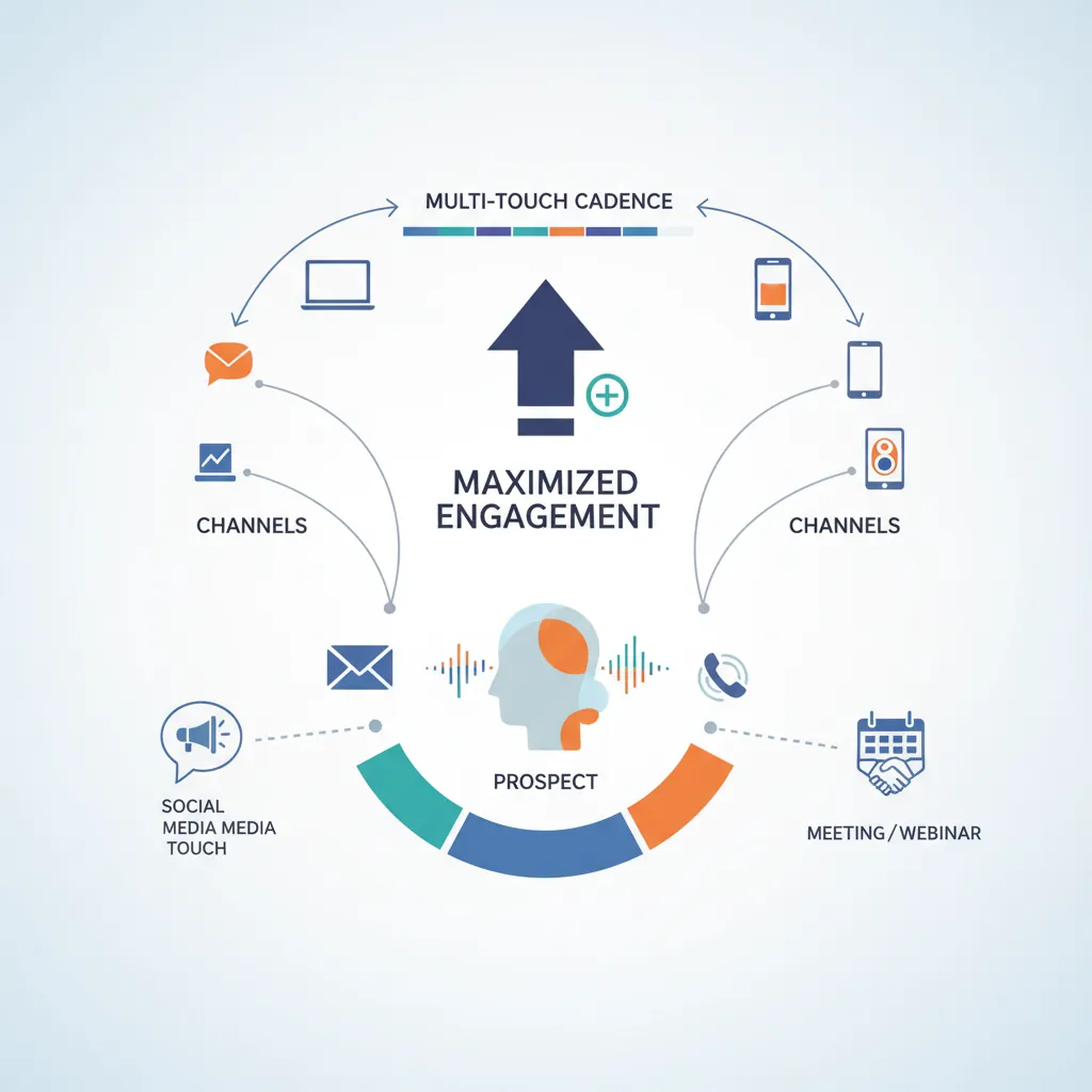 Multi-touch outreach cadence flow showing 8-12 touch sequence