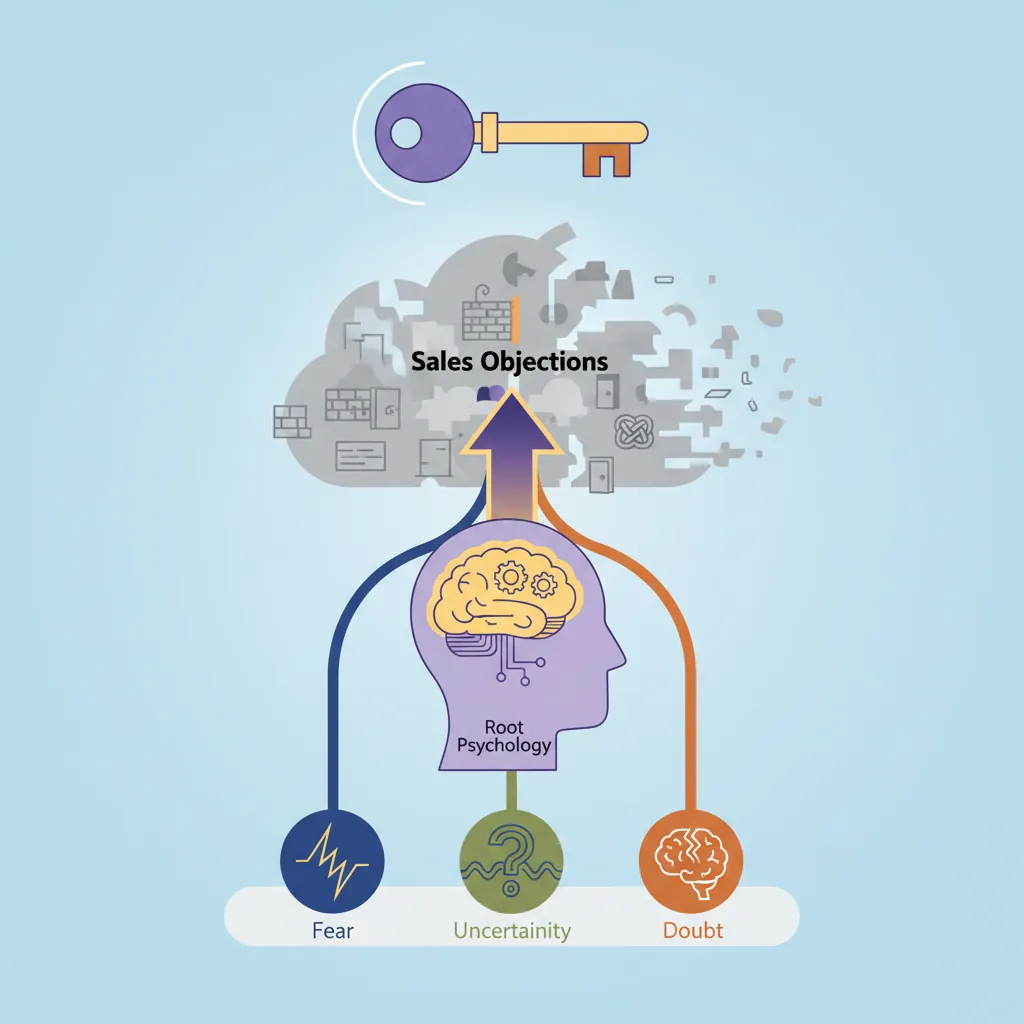 Three root causes of sales objections diagram showing fear, uncertainty, and doubt
