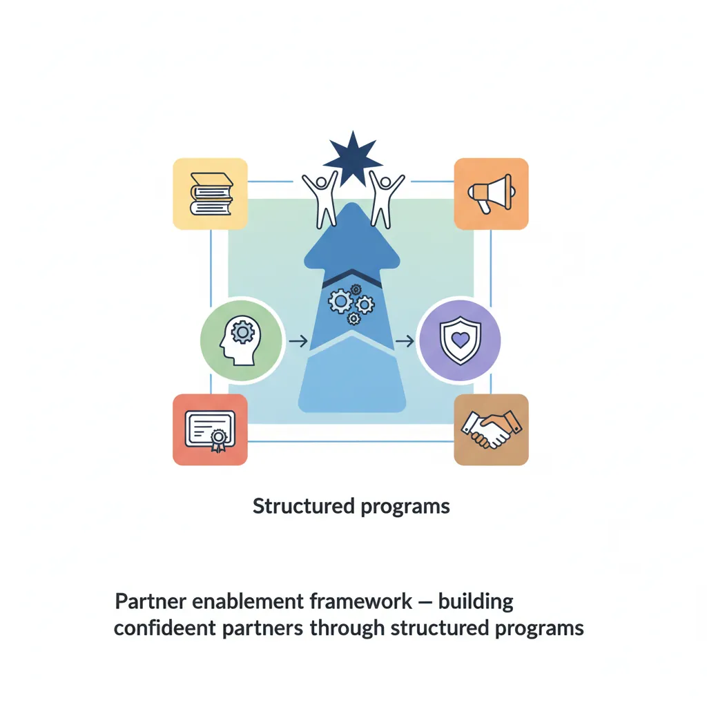 Partner enablement framework showing onboarding, training, and certification