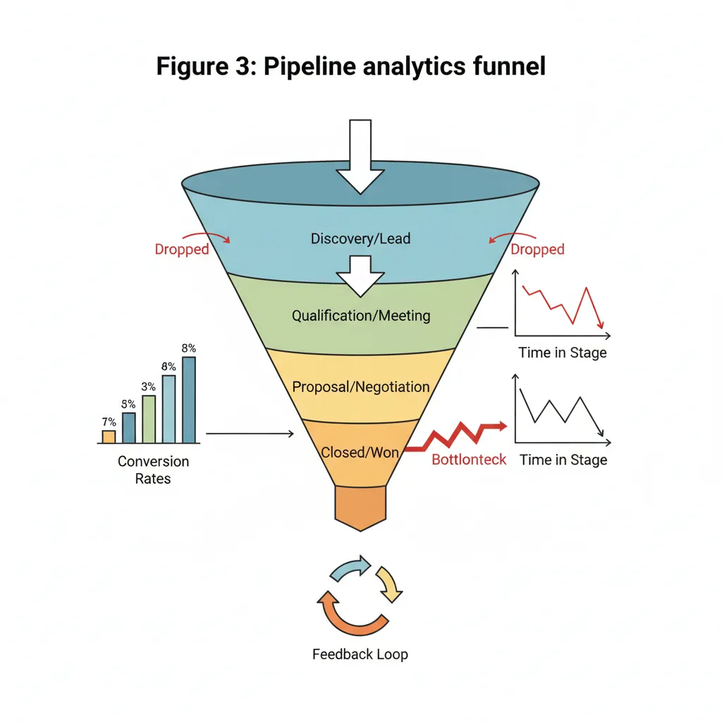 Pipeline analytics funnel showing deal flow, bottlenecks, and health indicators