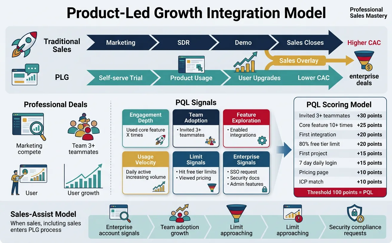 Product-Led Growth integration model showing product-driven acquisition and sales overlay