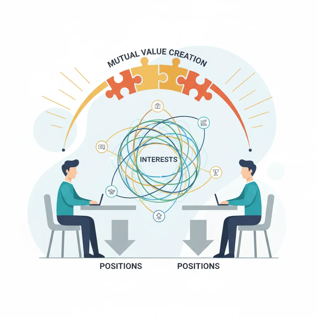 Four principles of Harvard's principled negotiation framework showing people, interests, options, and criteria
