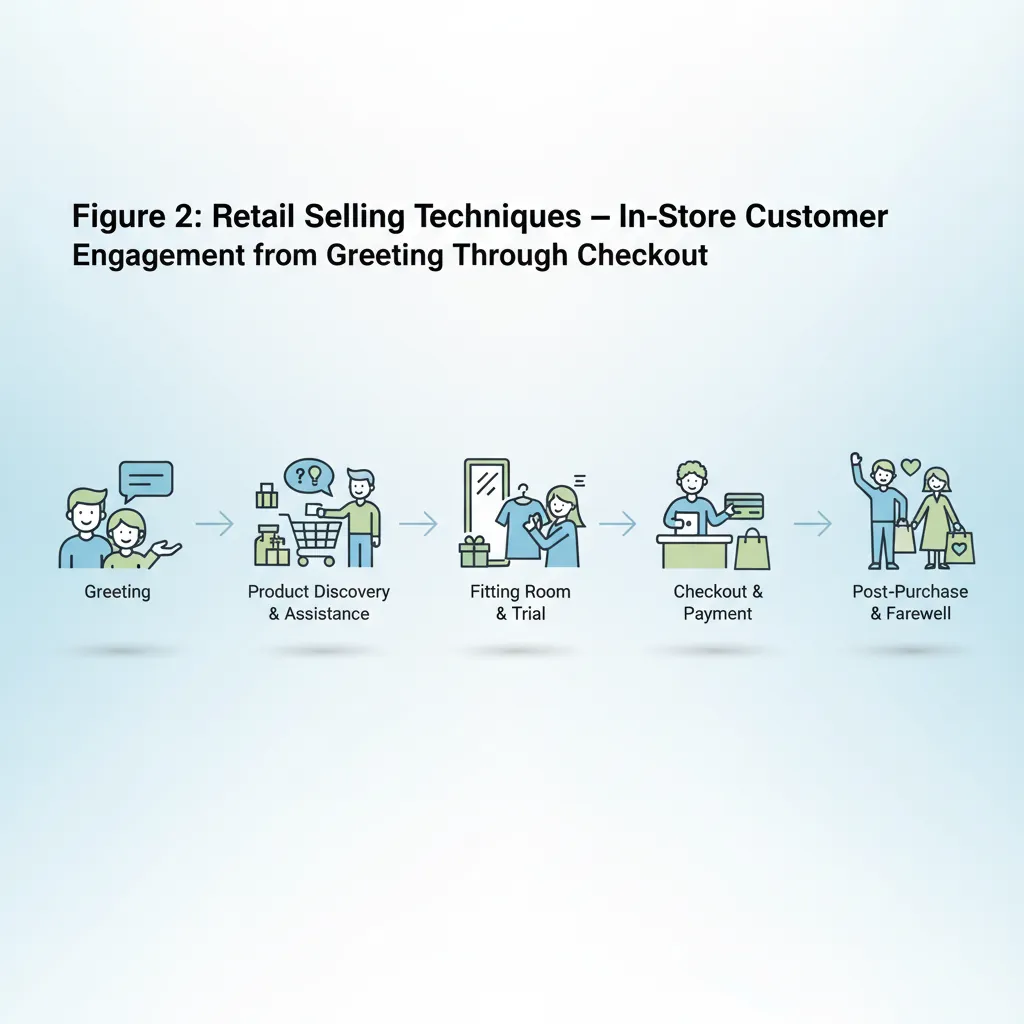 Retail selling techniques overview showing in-store customer engagement flow