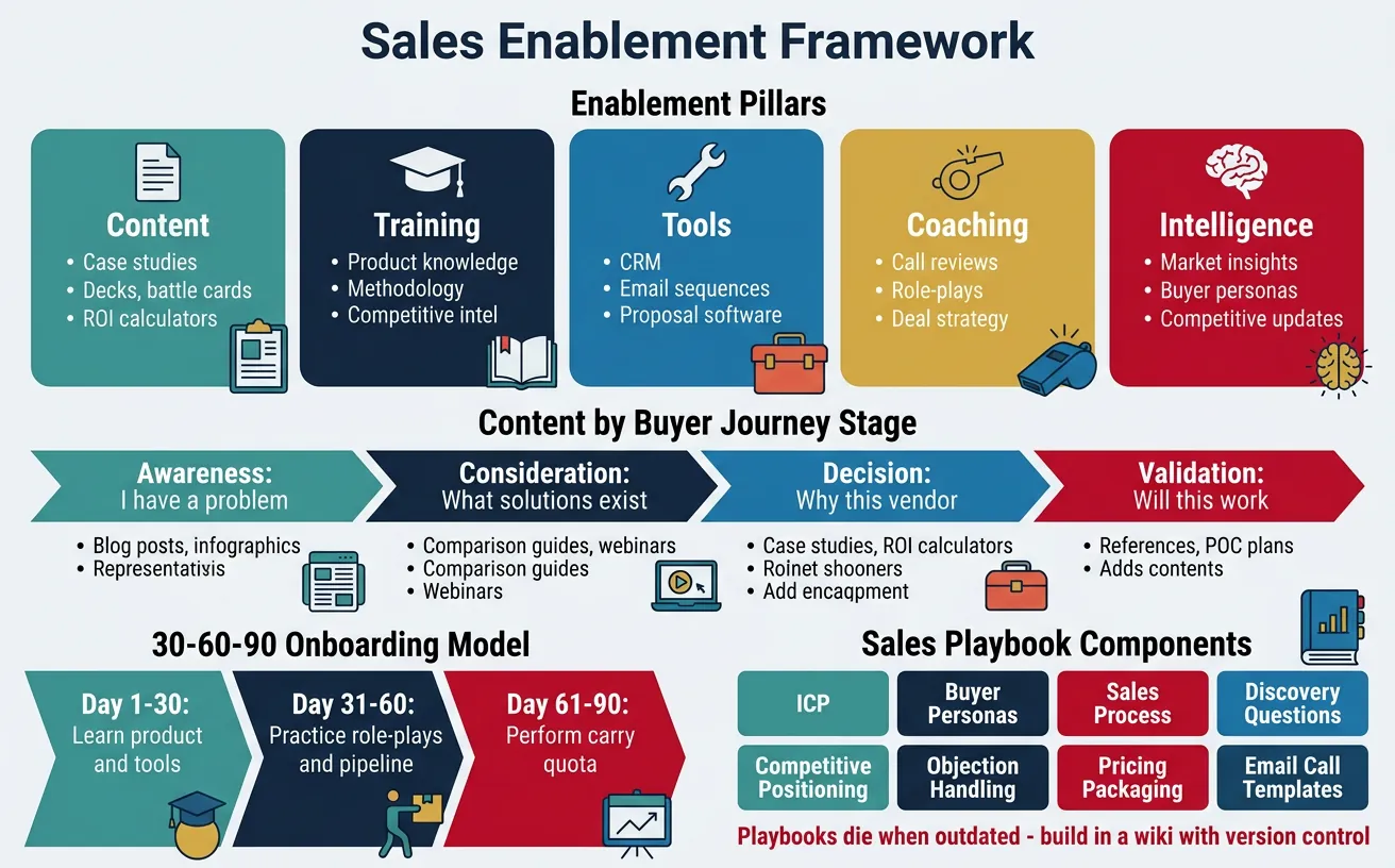 Sales enablement framework with content, tools, training, and intelligence pillars