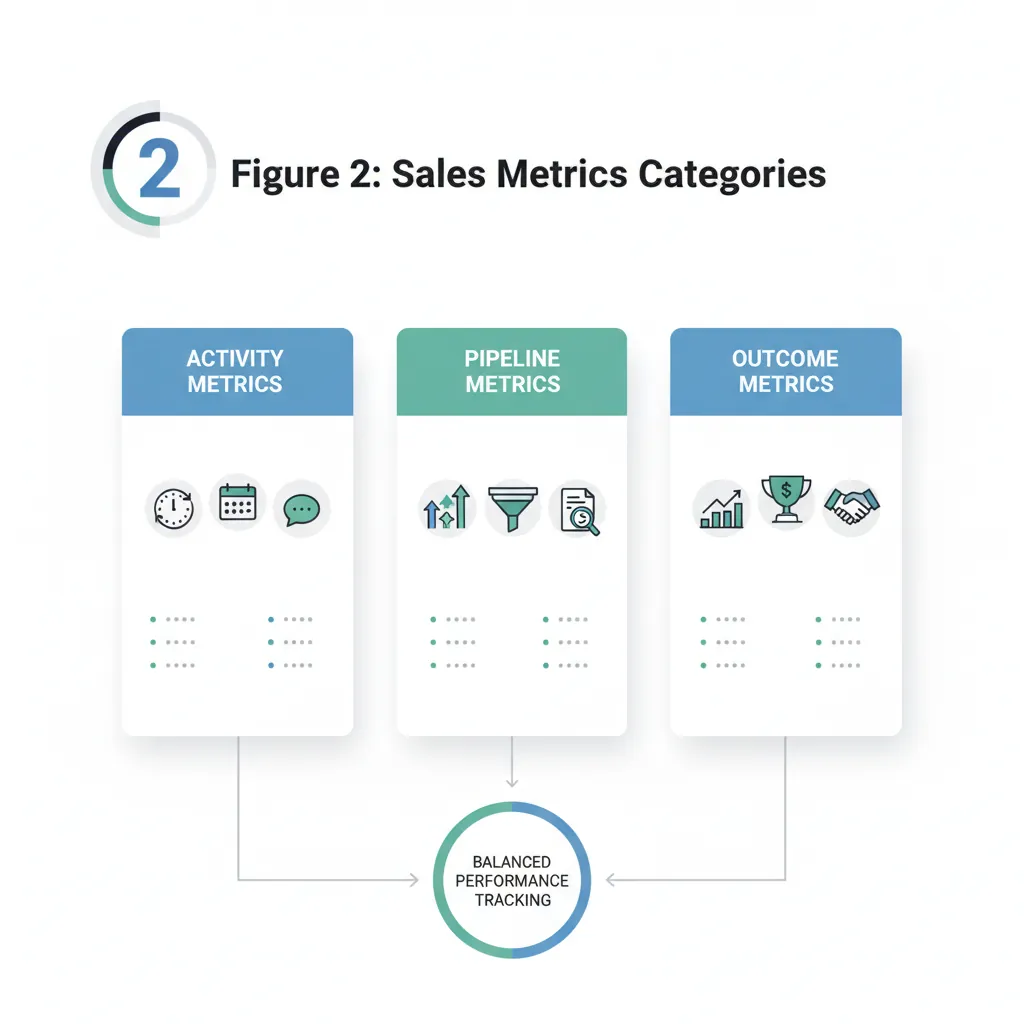 Sales metrics categories showing activity, pipeline, and outcome metric types