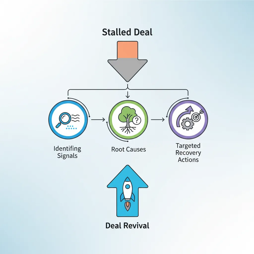 Stalled deal diagnostic flowchart showing warning signals, likely causes, and recovery actions