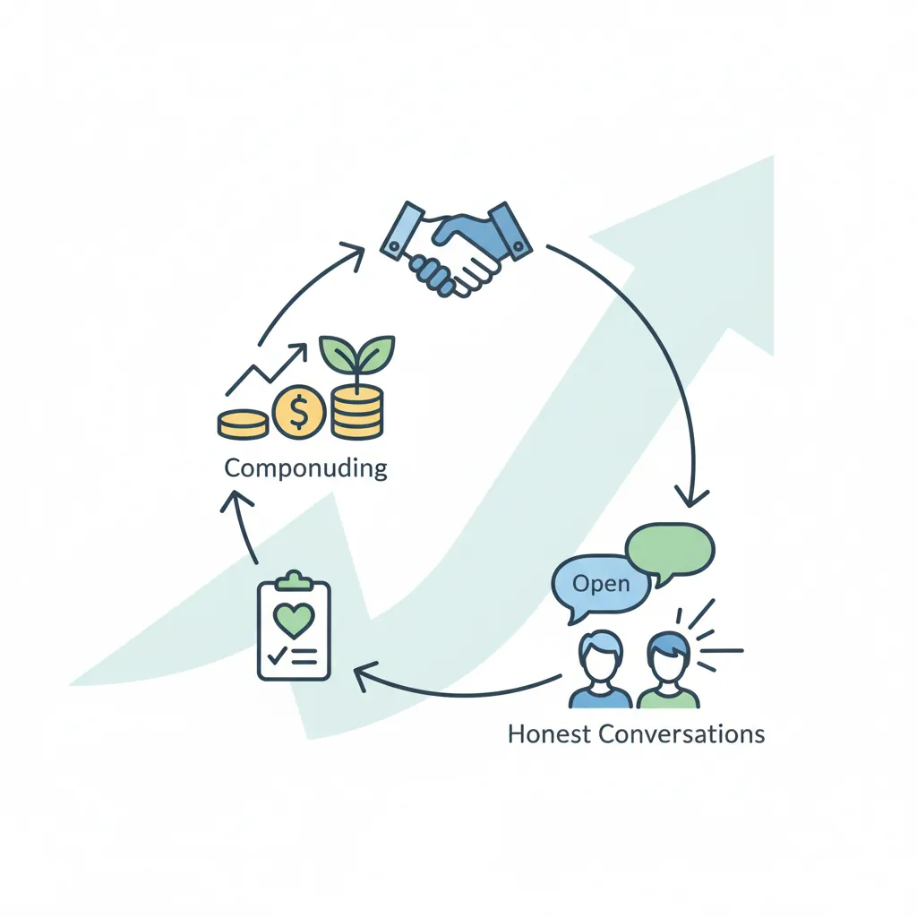 Trust building cycle showing compound trust accumulation over time