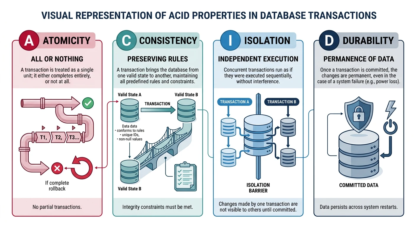 Visual representation of ACID properties: Atomicity, Consistency, Isolation, and Durability in database transactions