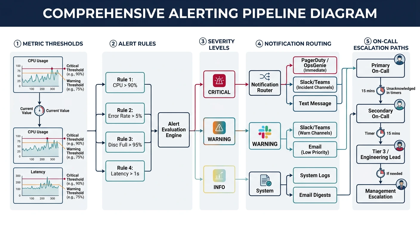 Alerting pipeline diagram showing metric thresholds, alert rules, severity levels, notification routing, and on-call escalation paths