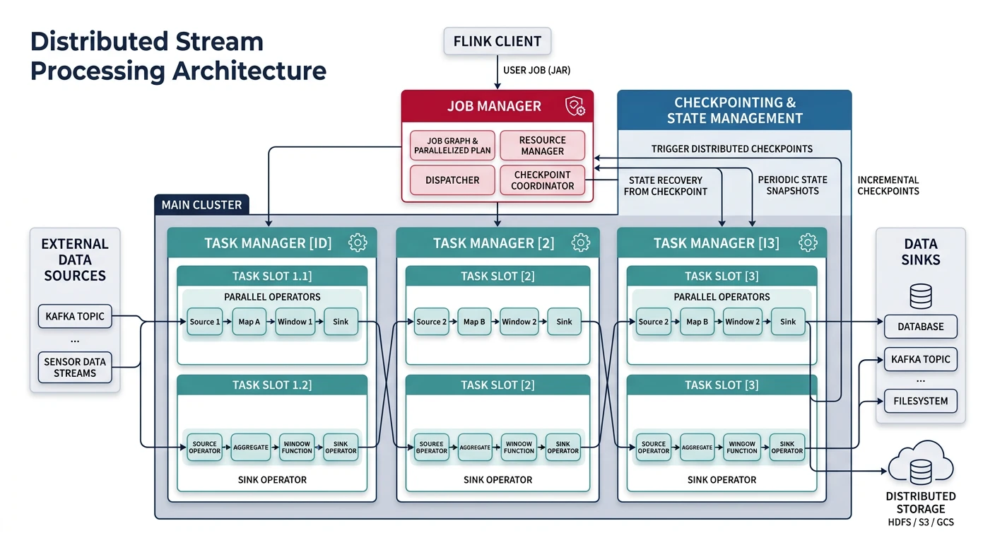 Apache Flink distributed stream processing architecture showing task managers, job manager, checkpointing, and parallel data stream operators