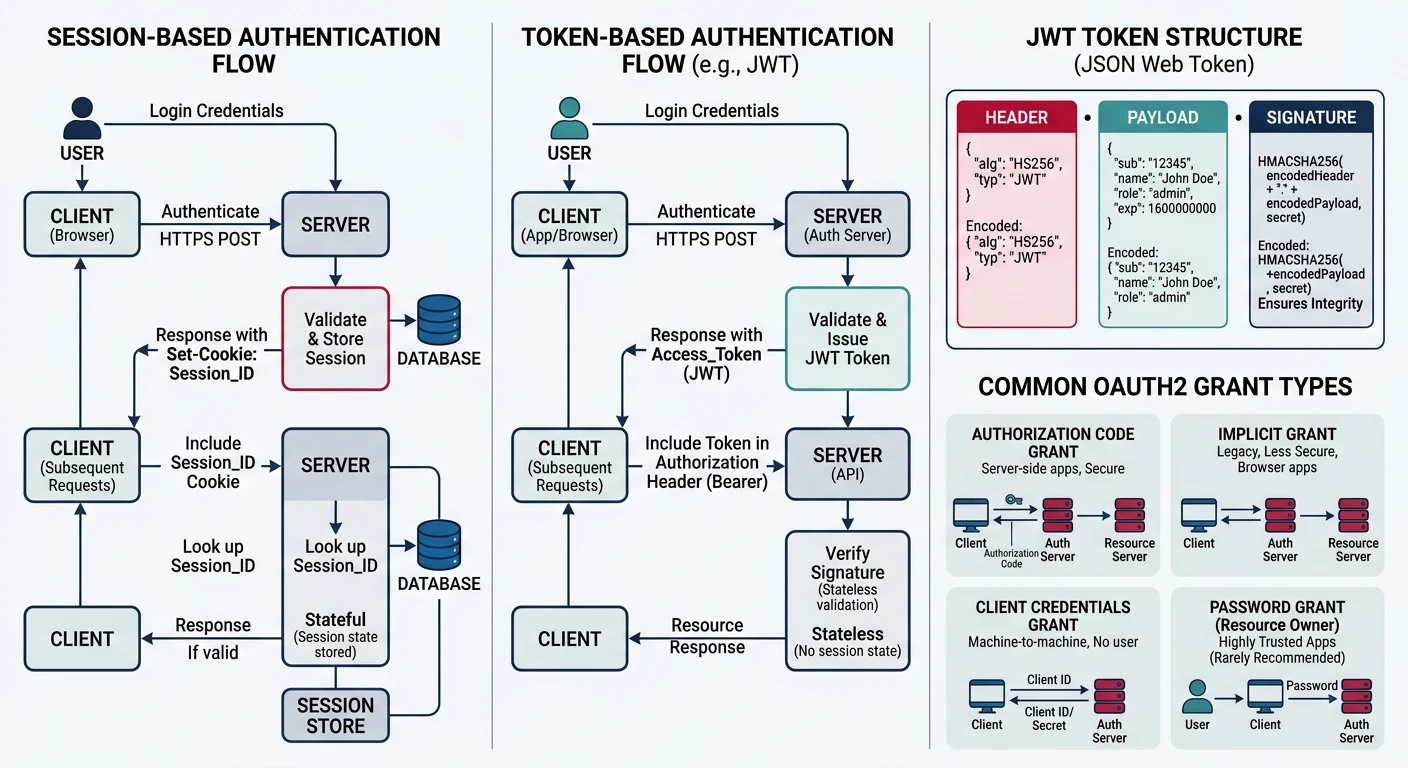 Diagram comparing session-based and token-based authentication flows including JWT token structure and OAuth2 grant types