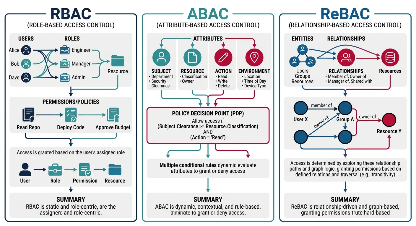 Comparison diagram of RBAC, ABAC, and ReBAC authorization models showing users, roles, attributes, and permission relationships