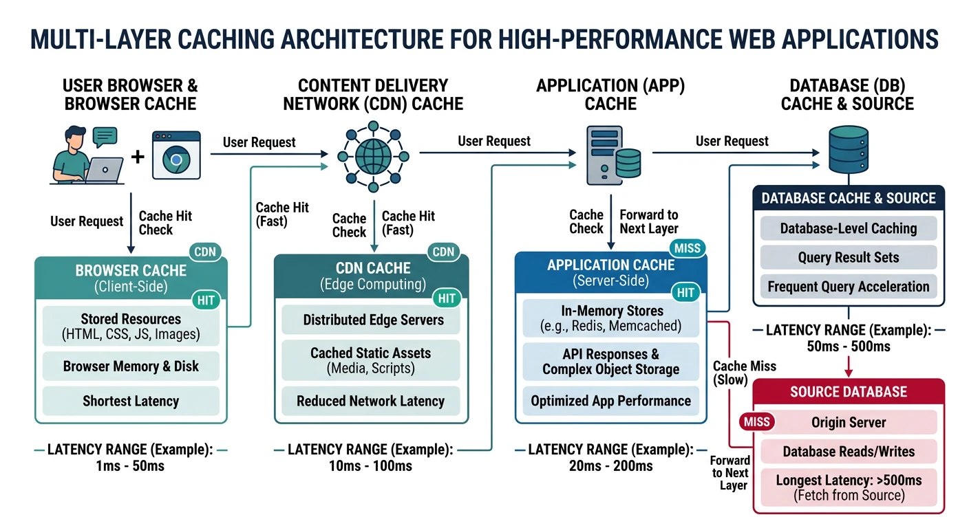 Multi-layer caching architecture showing browser cache, CDN, application cache, and database cache with latency comparisons