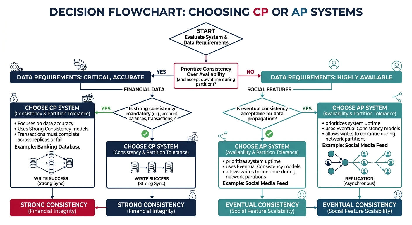 Decision flowchart for choosing between CP and AP systems based on data requirements, showing paths to strong consistency for financial data and eventual consistency for social features