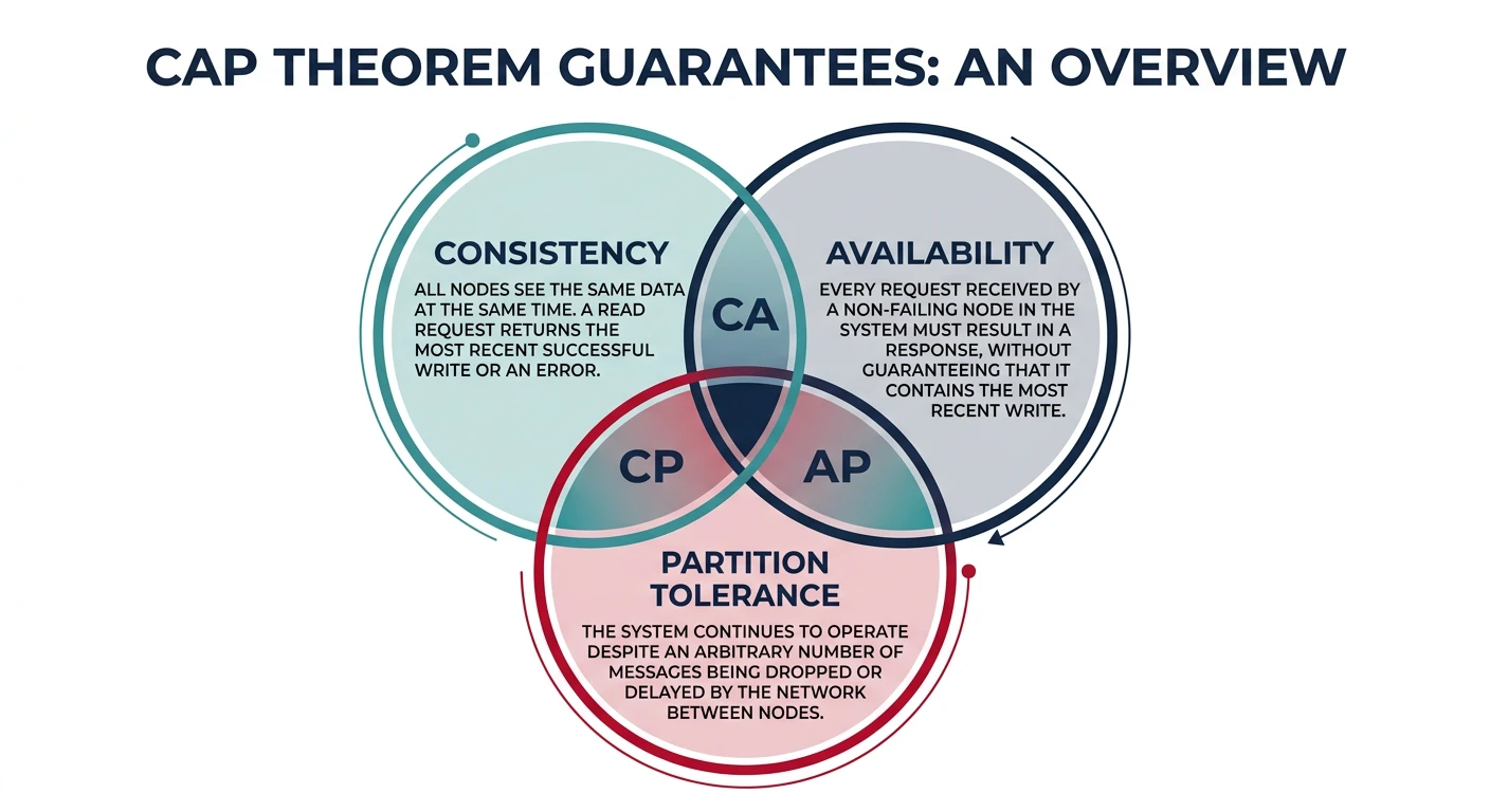 Venn diagram showing the three CAP theorem guarantees: Consistency, Availability, and Partition Tolerance with overlapping regions labeled CP, AP, and CA