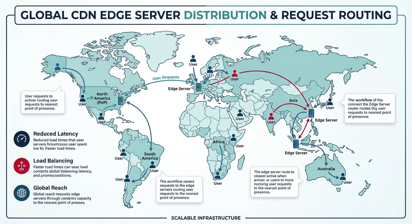 Global map showing CDN edge servers distributed across regions routing user requests to the nearest point of presence