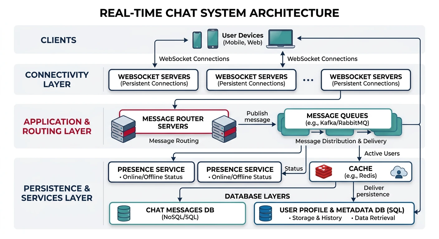 Architecture diagram of a real-time chat system showing WebSocket servers, message queues, presence service, and database layers