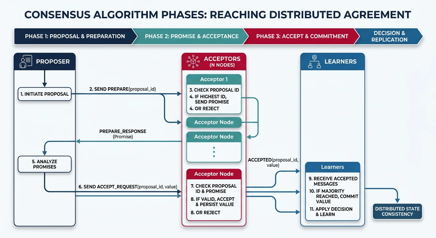 Flowchart of consensus algorithm phases showing proposer, acceptor, and learner roles reaching agreement across distributed nodes