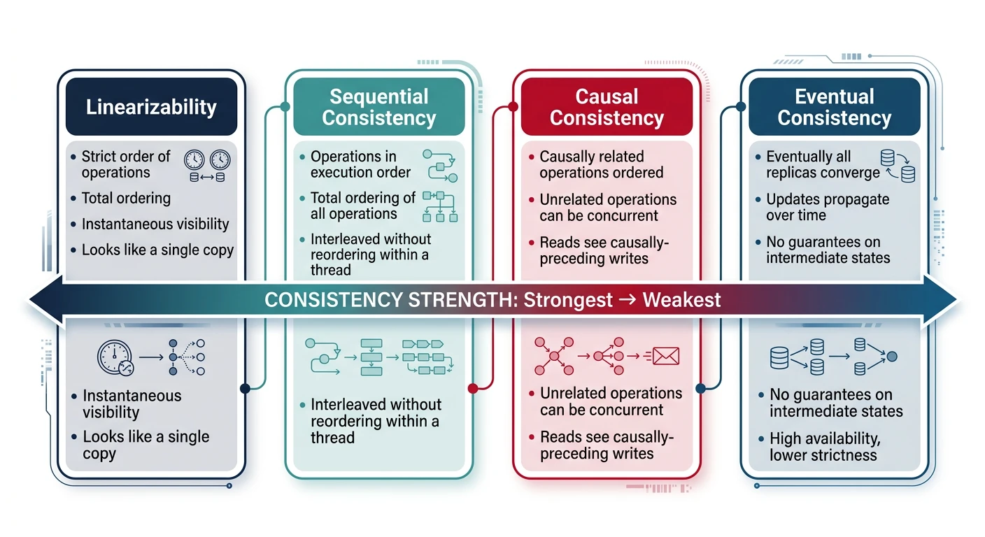 Spectrum diagram showing consistency models from strongest to weakest: linearizability, sequential consistency, causal consistency, and eventual consistency