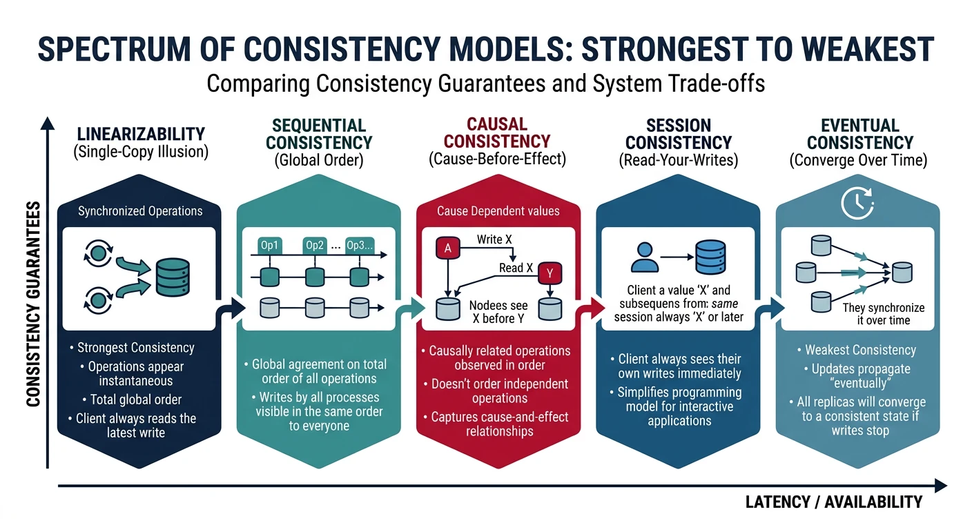 Spectrum diagram showing consistency models from strong consistency to eventual consistency