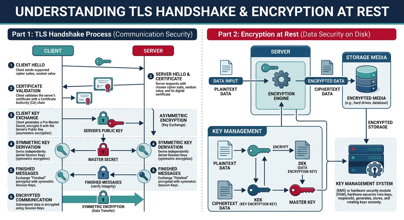 Diagram of TLS handshake process and encryption at rest showing symmetric and asymmetric key exchange, certificate validation, and encrypted storage