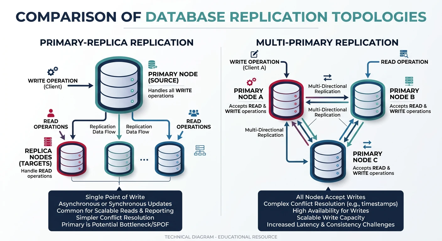 Diagram comparing primary-replica and multi-primary database replication topologies with data flow arrows