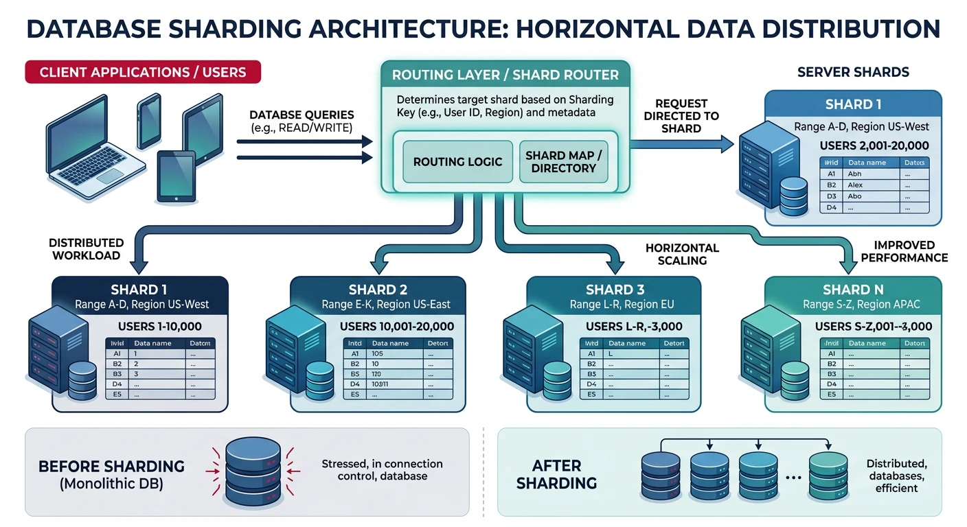 Diagram showing how database sharding distributes data across multiple server shards with a routing layer