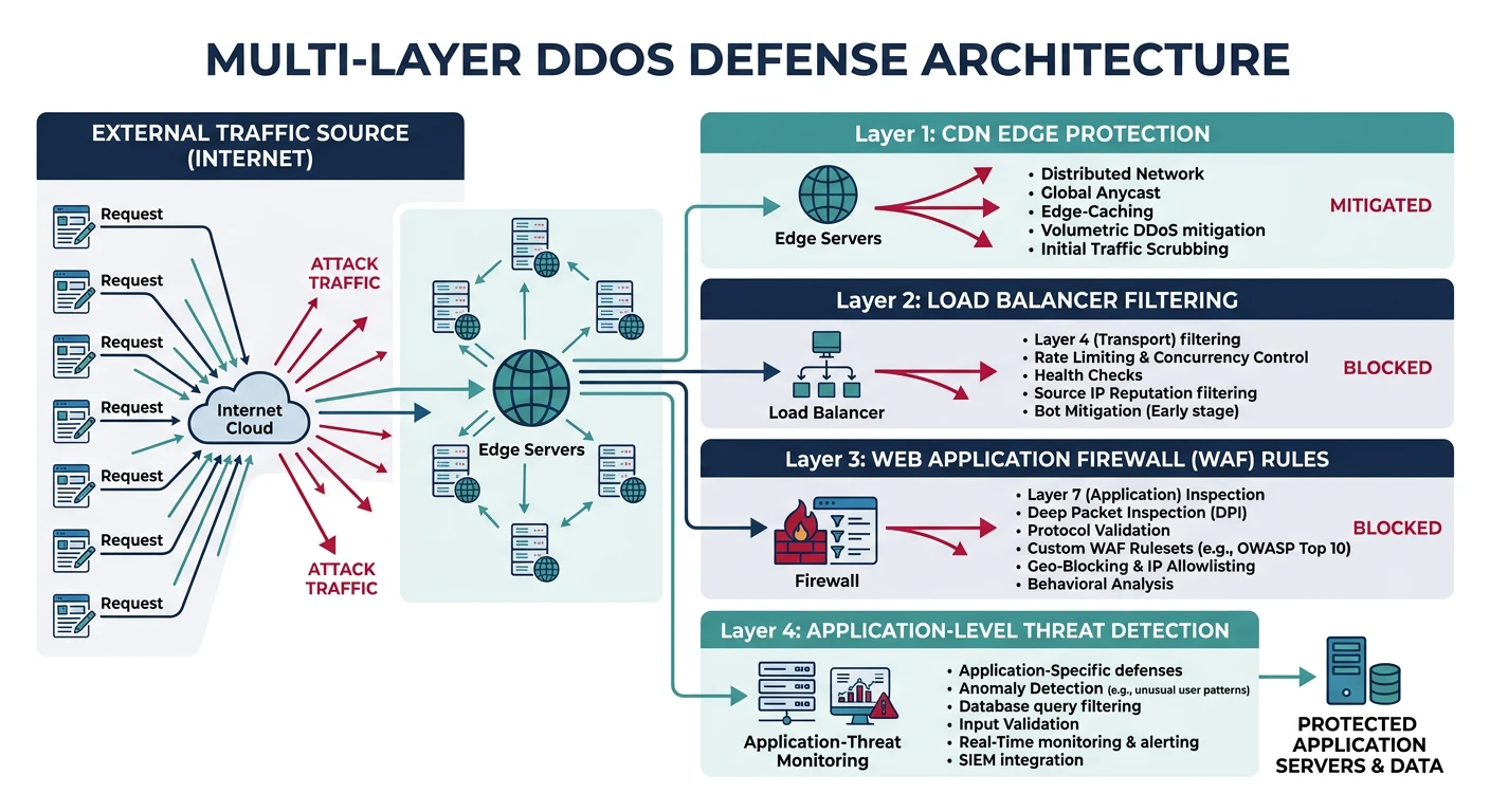 Multi-layer DDoS defense architecture showing CDN edge protection, load balancer filtering, WAF rules, and application-level threat detection