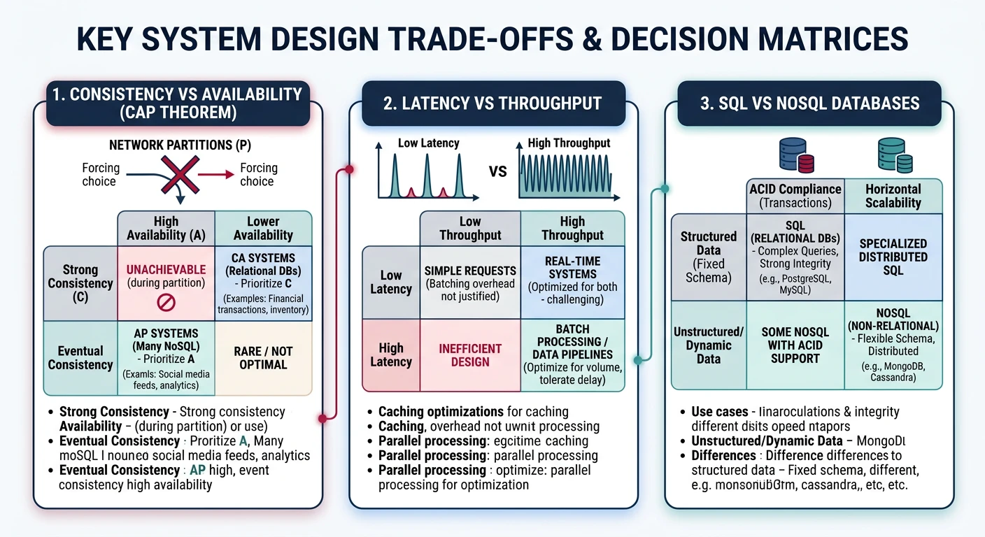 Decision matrix showing key system design trade-offs: consistency vs availability, latency vs throughput, SQL vs NoSQL