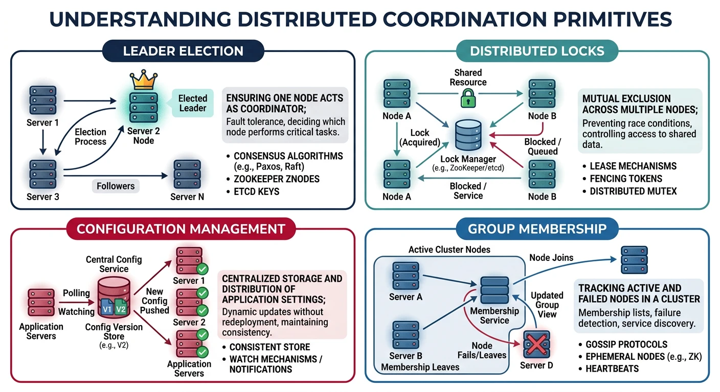 Diagram of distributed coordination primitives including leader election, distributed locks, configuration management, and group membership